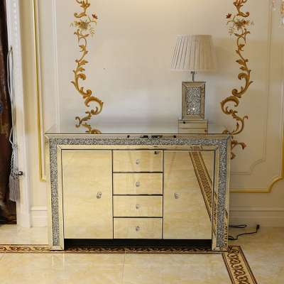 Home decor sparkly crushed diamond sideboard mirrored chests cabinets with 3 drawers and 2 doors